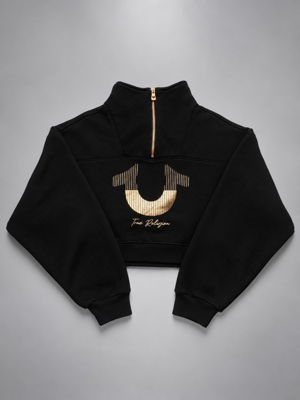 True Religion Ladies Black Cropped Pullover with Gold Logo